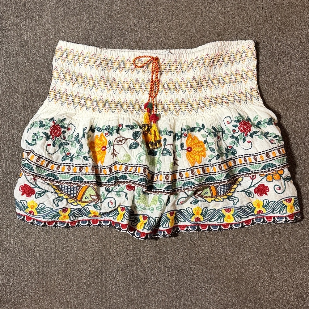 ZARA WOMENS EMBROIDERED LAYERED SKIRT SMOCKED 100% COTTON SIZE XL